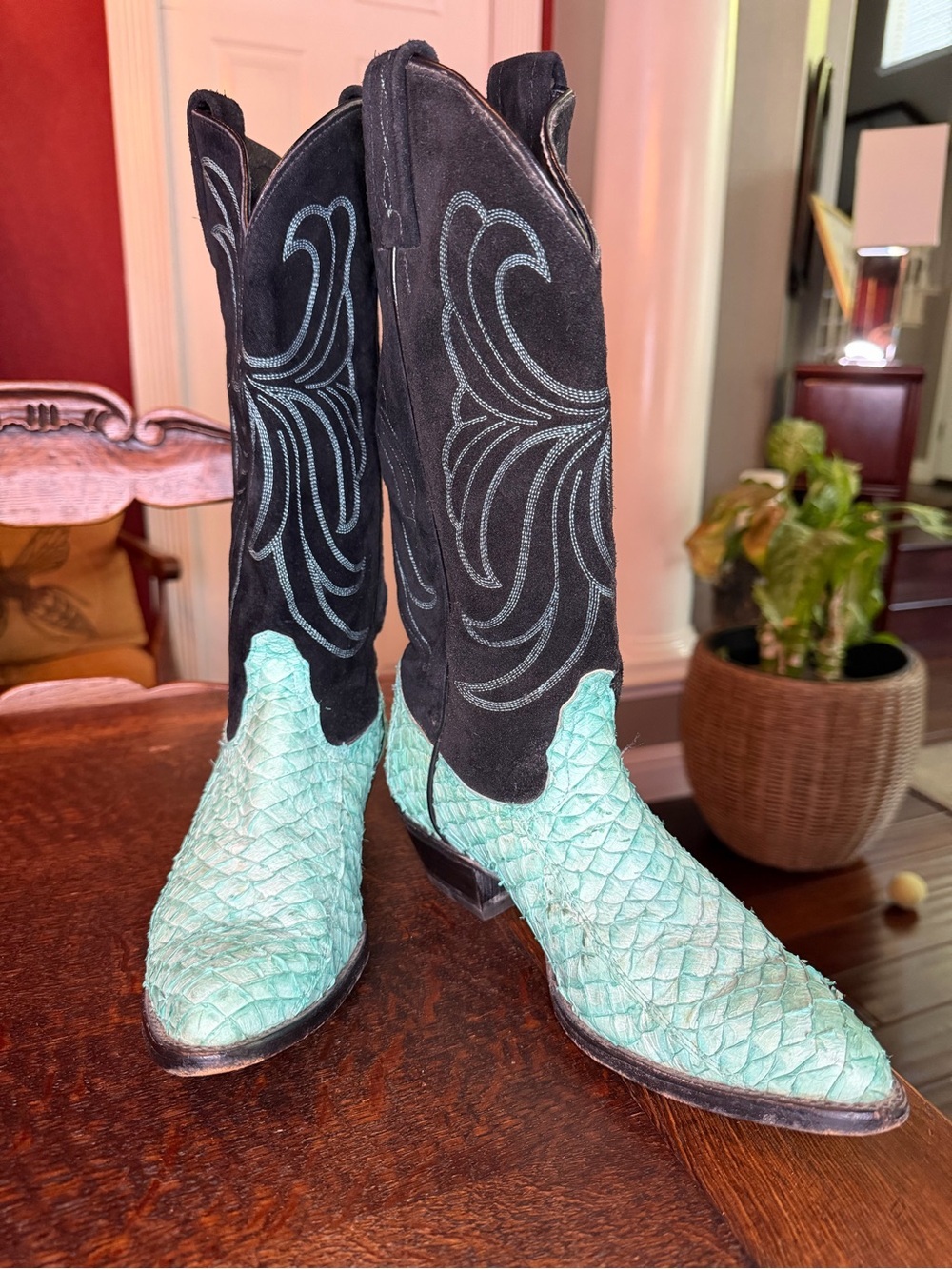 Vintage Tony Lama Sea Bass Exotic Leather Cowboy Boots Teal Black Size 7